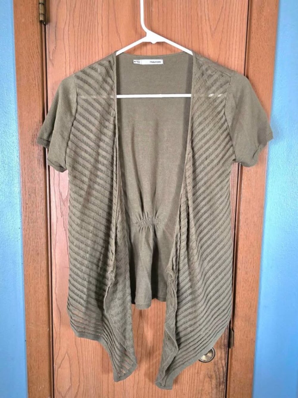 Size M Green Maurices Sheer Striped Open Front Short Sleeve Cardigan